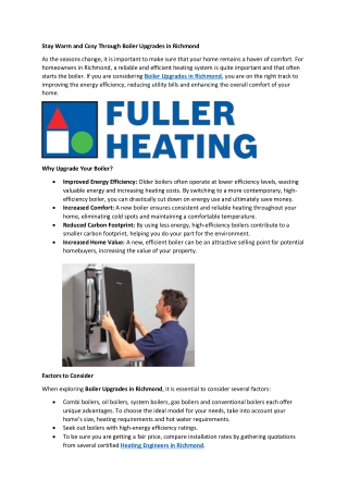 Stay Warm and Cosy Through Boiler Upgrades in Richmond