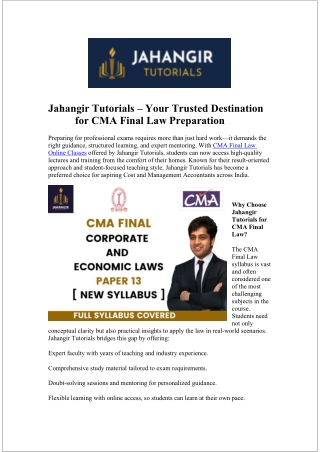 Enroll Now in CMA Final Law Online Classes with Jahangir Tutorials Expert Facult