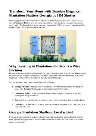 Transform Your Home with Timeless Elegance: Plantation Shutters Georgia by HM Shutter