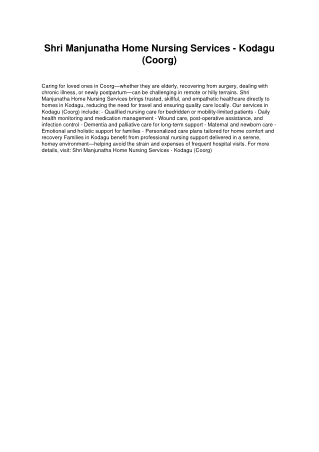 Home Nursing Care Services In Kodagu - Coorg