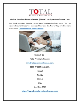 Online Premium Finance Service | Www2.totalpremiumfinance.com