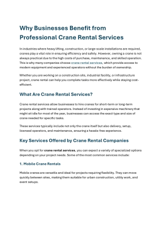 Why Businesses Benefit from Professional Crane Rental Services
