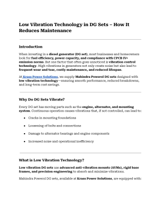 Low Vibration Technology in DG Sets – How It Reduces Maintenance
