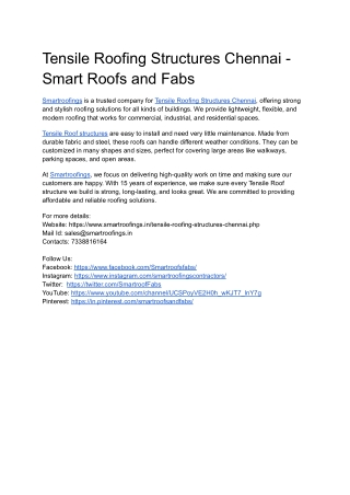 Tensile Roofing Structures Chennai - Smart Roofs and Fabs