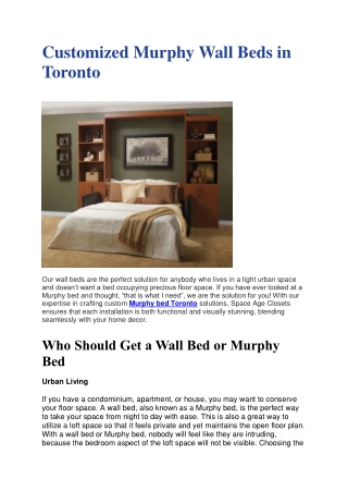 Customized Murphy Wall Beds in Toronto