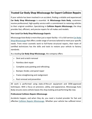 Trusted Car Body Shop Mississauga for Expert Collision Repairs