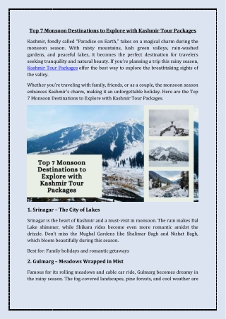 Top 7 Monsoon Destinations to Explore with Kashmir Tour Packages