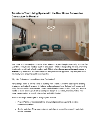 Transform Your Living Space with the Best Home Renovation Contractors in Mumbai