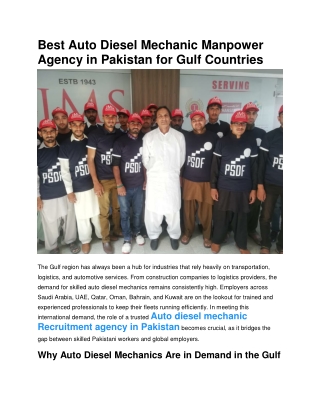 Best Auto Diesel Mechanic Manpower Agency in Pakistan for Gulf Countries