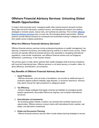 Offshore Financial Advisory Services: Unlocking Global Wealth Opportunities