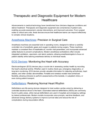 Therapeutic and Diagnostic Equipment for Modern Healthcare