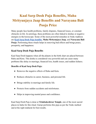 Kaal Sarp Dosh Puja Benefits, Maha Mrityunjaya Jaap Benefits and Narayana Bali Pooja Price