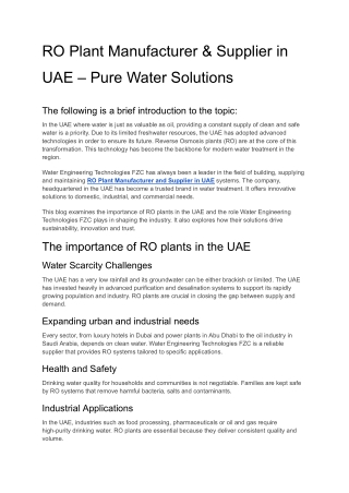 RO Plant Manufacturer & Supplier in UAE – Pure Water Solutions