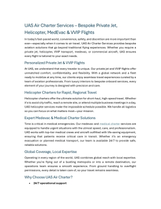 UAS Air Charter Services – Bespoke Private Jet, Helicopter, MedEvac & VVIP Flights