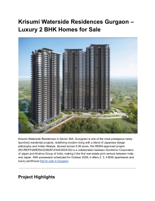 Krisumi Waterside Residences Gurgaon – Luxury 2 BHK Homes for Sale