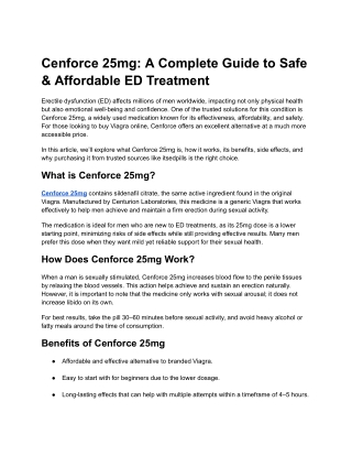Cenforce 25mg: A Complete Guide to Safe & Affordable ED Treatment