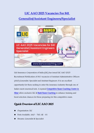 LIC AAO 2025 Vacancies For 841 Generalist/Assistant Engineers/Specialist