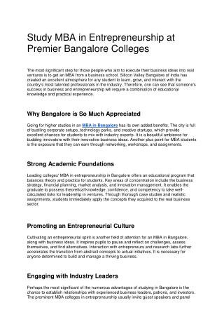 Study MBA in Entrepreneurship at Premier Bangalore Colleges