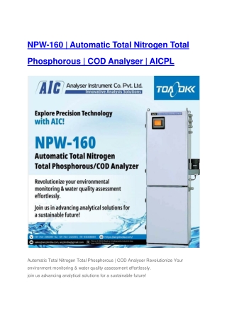 NPW-160 Automatic Total Nitrogen Total Phosphorous | COD Analyser | AICPL