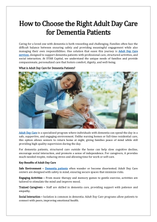 Adult Day Care Services for Dementia & Seniors | STAR Capital