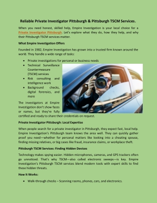 Reliable Private Investigator Pittsburgh & Pittsburgh TSCM Services.