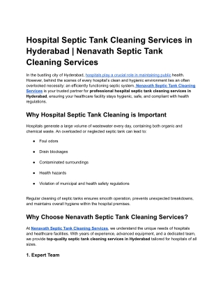 Hospital Septic Tank Cleaning services in Hyderabad