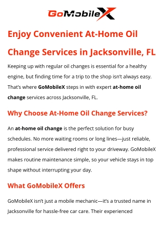 At Home Oil Change Services  GoMobileX Jacksonville FL