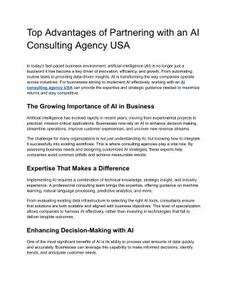 Top Advantages of Partnering with an AI Consulting Agency USA