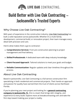 Top General Contracting Company Jacksonville FL  Live Oak Contracting