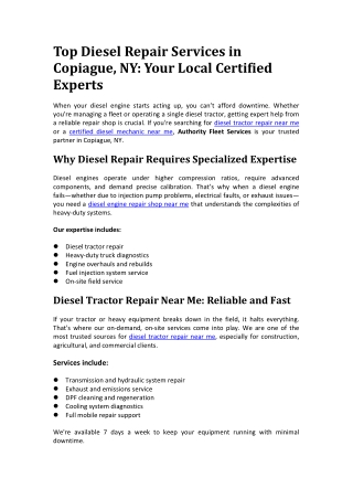 Top Diesel Repair Services in Copiague NY Your Local Certified Experts