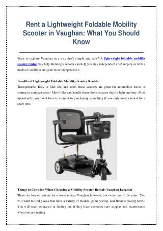 Rent a Lightweight Foldable Mobility Scooter in Vaughan - What You Should Know