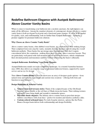 Redefine Bathroom Elegance with Austpek Bathrooms’ Above Counter Vanity Basins