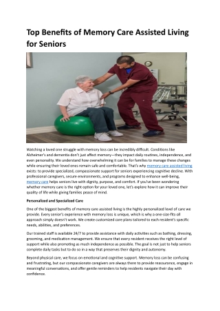 Top Benefits of Memory Care Assisted Living for Seniors