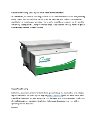 Grease Trap Cleaning, Descaler, and Small Toilets from Saniflo Sales