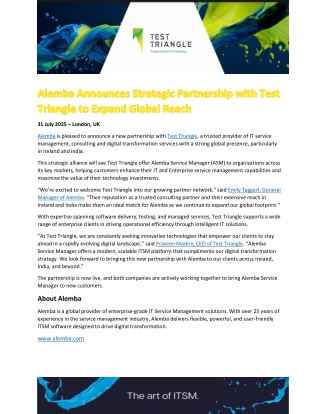 Alemba Announces Strategic Partnership with Test Triangle to Expand Global Reach