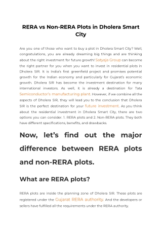RERA vs Non-RERA Plots in Dholera Smart City