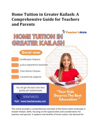 Home Tuition in Greater Kailash: A Comprehensive Guide for Teachers and Parents