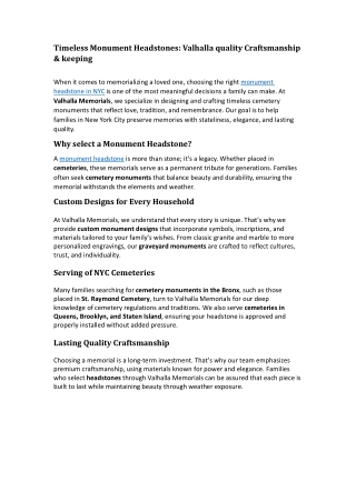 Timeless Monument Headstones Valhalla quality Craftsmanship & keeping