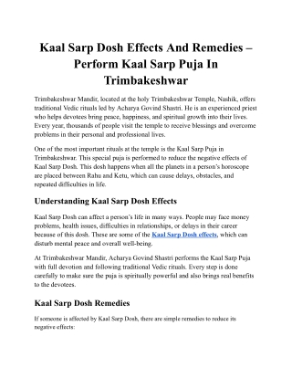 Kaal Sarp Dosh Effects And Remedies – Perform Kaal Sarp Puja In Trimbakeshwar