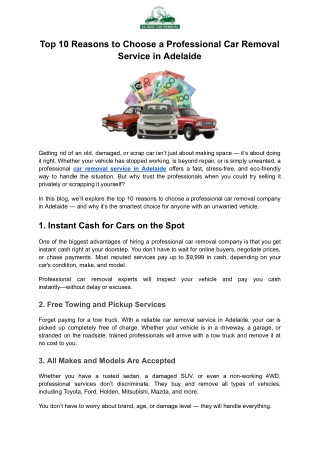 Top 10 Reasons to Choose a Professional Car Removal Service in Adelaide