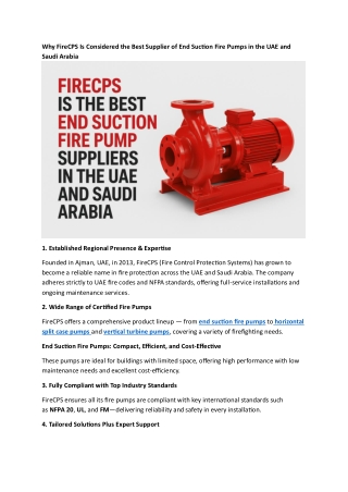 Why FireCPS Is Considered the Best Supplier of End Suction Fire Pumps in the UAE and Saudi Arabia