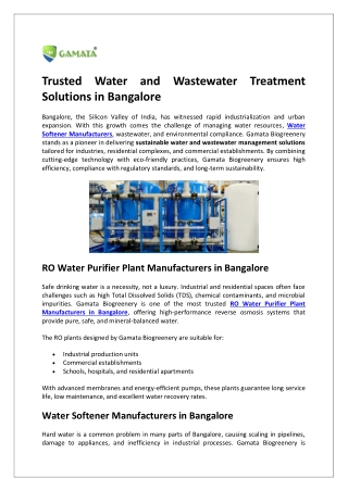 Trusted Water and Wastewater Treatment Solutions in Bangalore- Gamata Bio