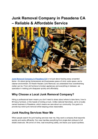 Junk Removal Company in Pasadena CA – Reliable & Affordable Service