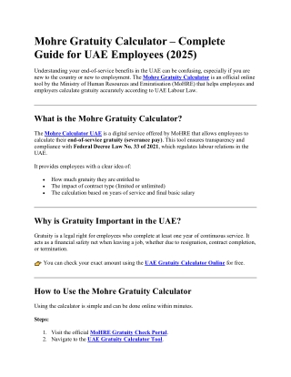 MOHRE Gratuity Calculator UAE – Easy End of Service Benefits Estimation
