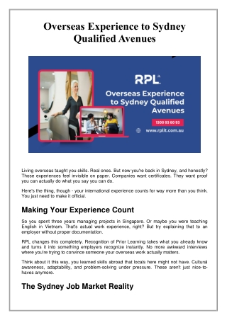 Overseas Experience to Sydney | RPL Qualification Pathways