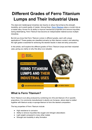 Different Grades of Ferro Titanium Lumps and Their Industrial Uses