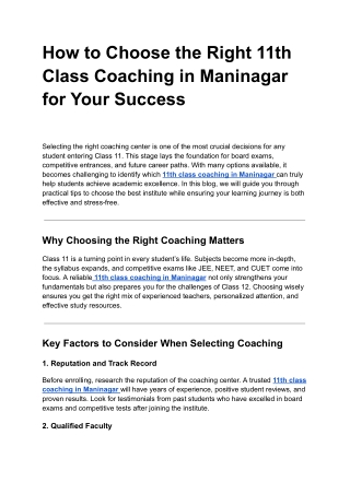 How to Choose the Right 11th Class Coaching in Maninagar for Your Success