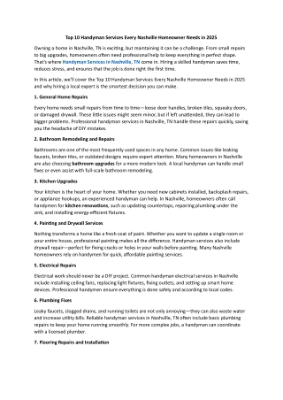 Top 10 Handyman Services Every Nashville Homeowner Needs in 2025