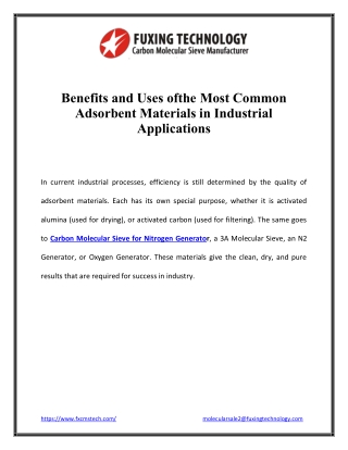 Benefits and Uses ofthe Most Common Adsorbent Materials in Industrial Applications
