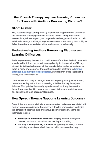 Can Speech Therapy Improve Learning Outcomes for Those with Auditory Processing Disorder